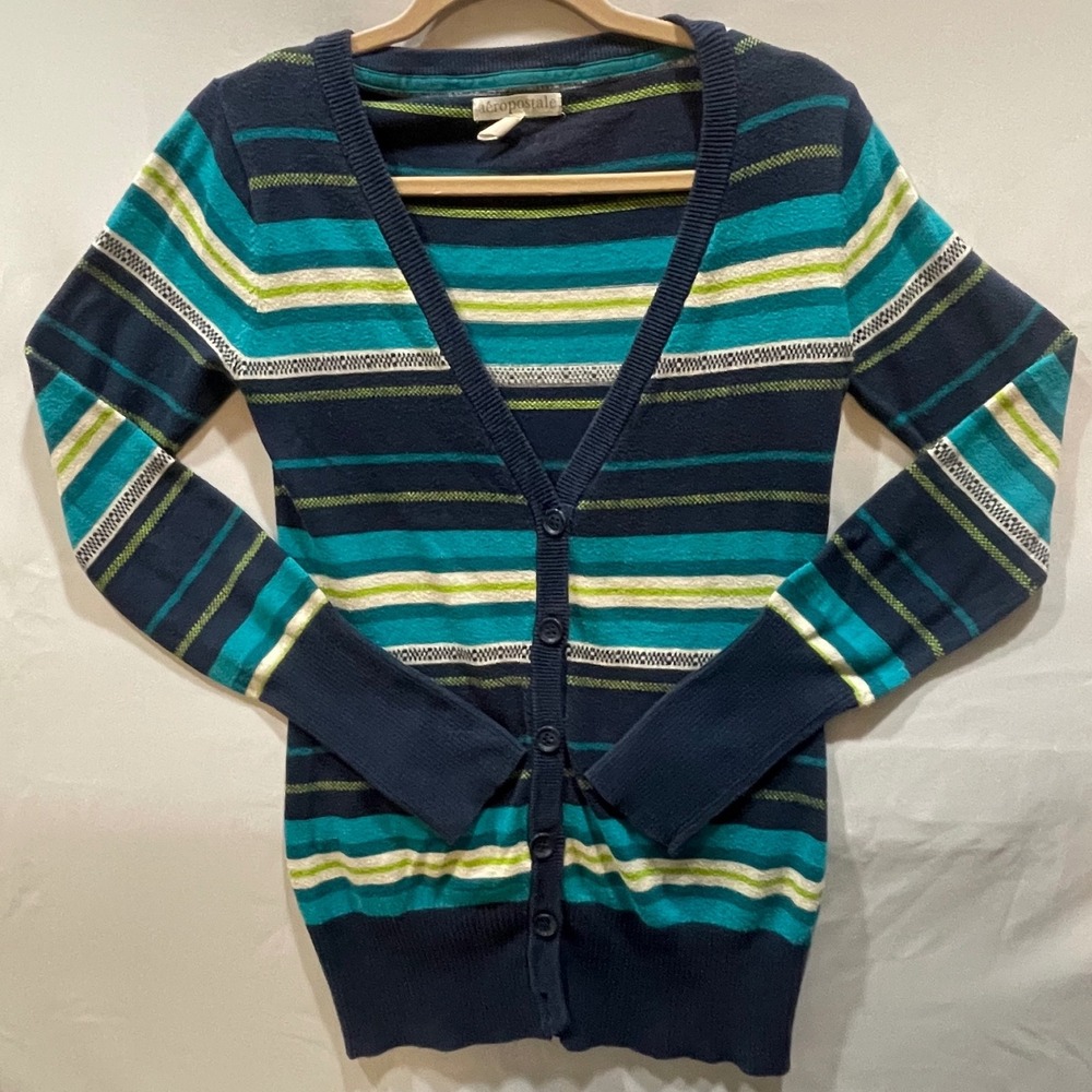 Y2K 2011 Aeropostale Striped V Neck Button Up Cardigan Sweater M Blue